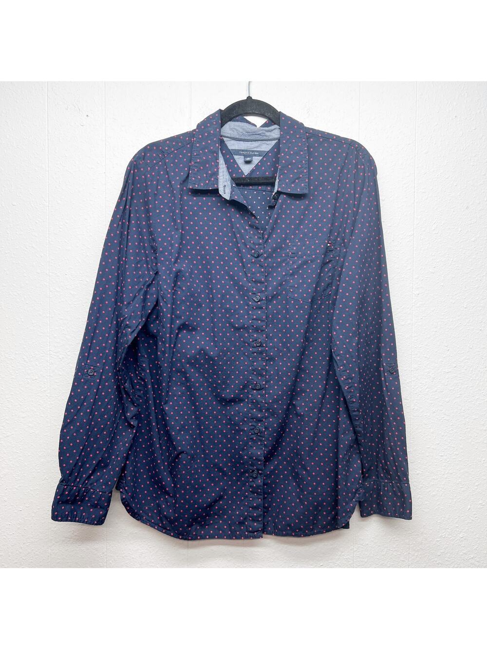 Tommy Hilfiger Polka Dot Blue Shirt Womens XL Cotton Office Work Business Casual